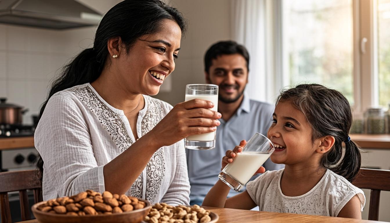 Happy Indian family — mother feeding almond milk to smiling child